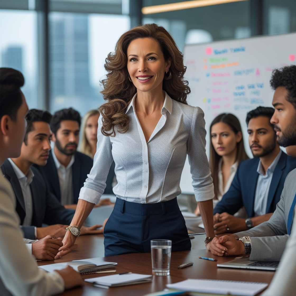 A female leader guiding through a meeting A female leader guiding through a meeting
