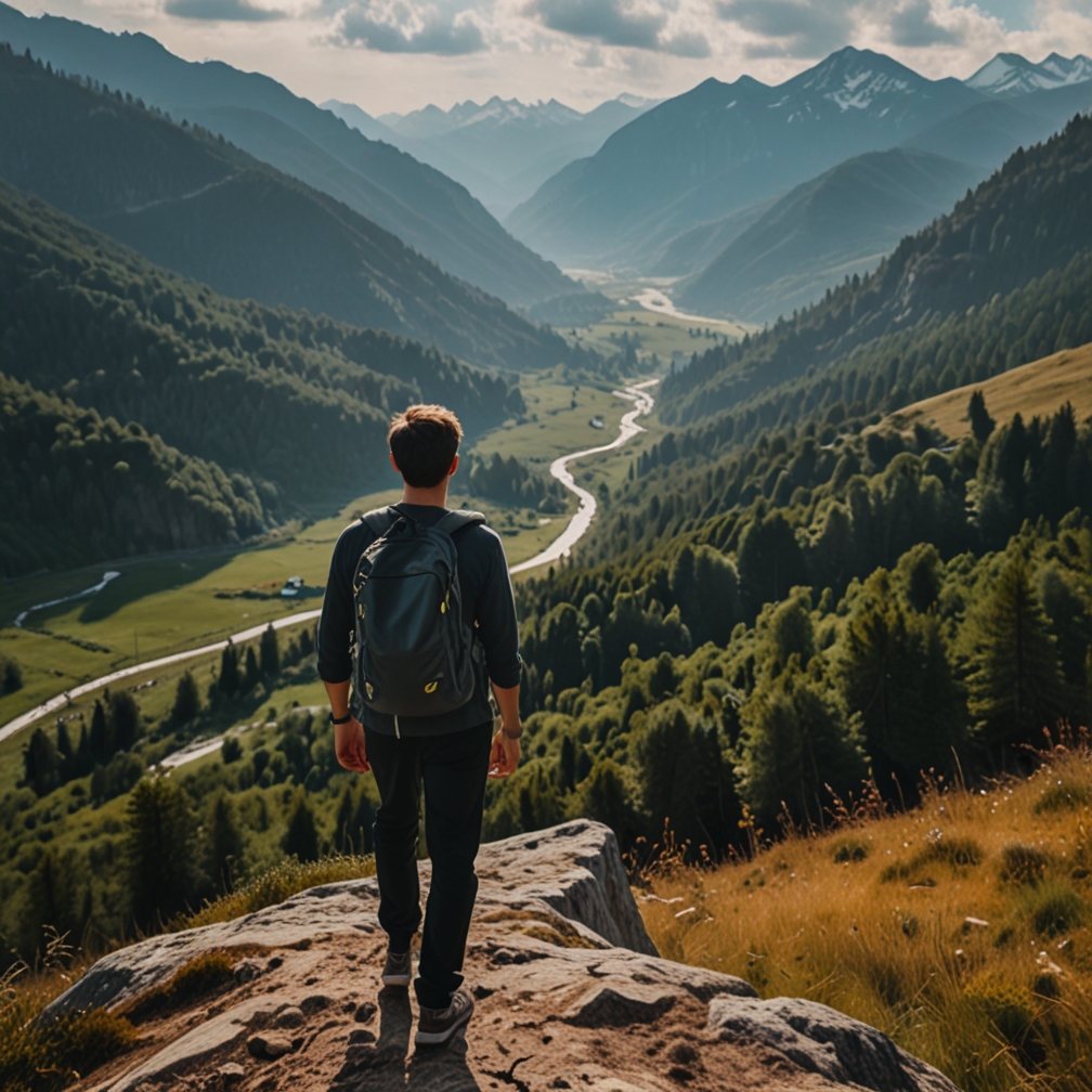 A young man hiking in the mountains A young man hiking in the mountains