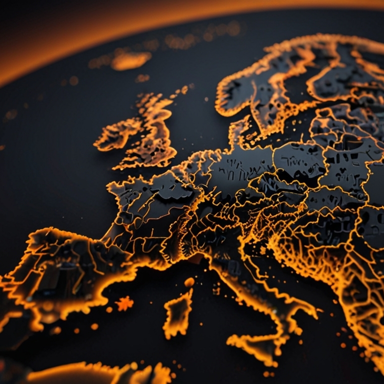 Orange-black Map of Europe, sun rising behind horizon Orange-black Map of Europe, sun rising behind horizon